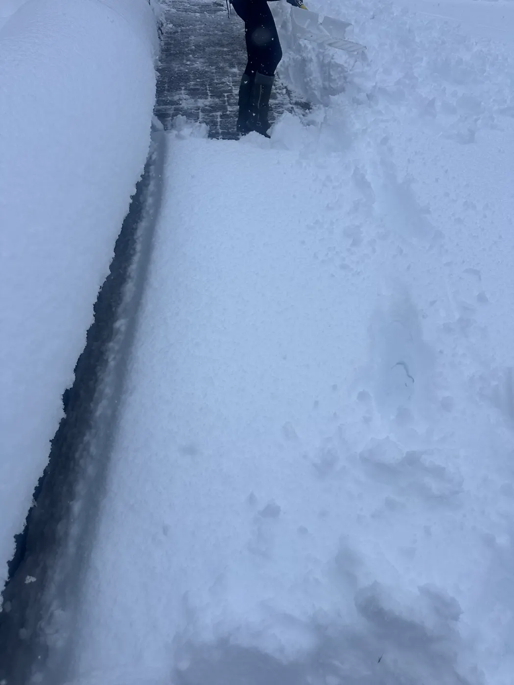 Sidewalk shoveled clean beside deep snowbanks